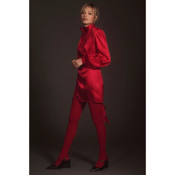 NWT Ronny Kobo Rocky Satin Silk-Blend Long Sleeve Draped Mini Dress Red XL $598 - Picture 4 of 11